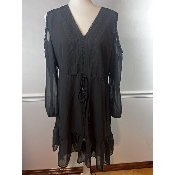 New York Company Black Dress Long Sleeve Embroidered Open Shoulder Lined Large - Picture 1 of 9